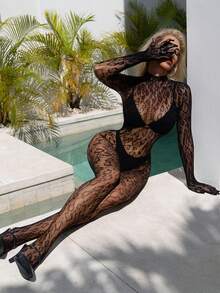 1pc Sexy Leopard Print Tight See-Through Bodystocking - Women's Sheer Mesh One-Piece Lingerie - Black - View 1