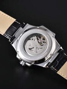 LONGLUX 1 件男士镂空自动机械防水时尚皮革表带手表