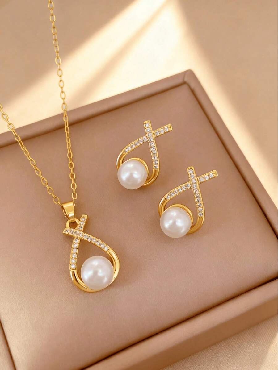 1 Set Stainless Steel Chain Zirconia Water Drop Faux Pearl Pendant Fashion Necklace & Earrings Set, Gift Jewelry - Gold - View 1