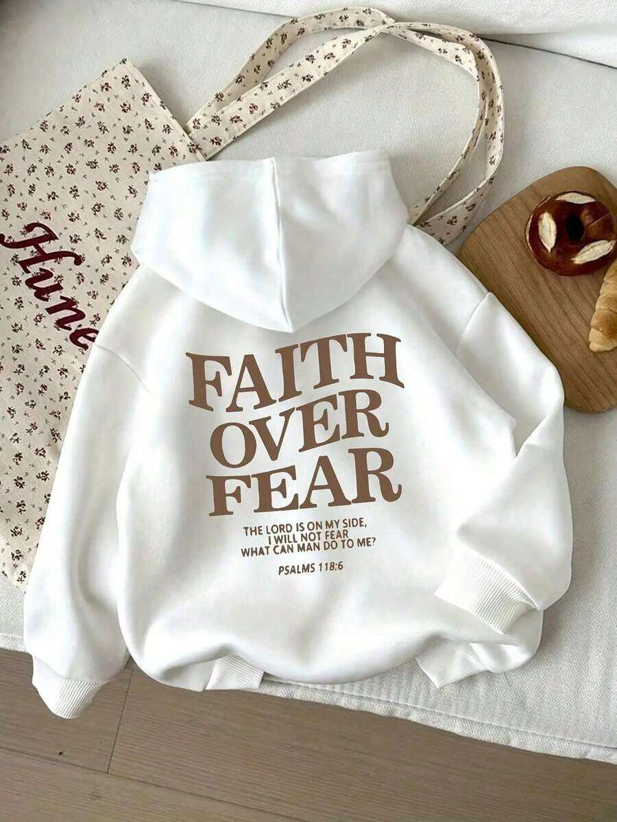 Sweaters For WomenWomen'S Casual Hooded Sweatshirt With "Faith Over Fear" Inspirational Print - White Pullover With Brown Lettering, Long Sleeves, And Drawstring Hood, Perfect For Spring And Fall, Casual Wear Hoodie |     Relaxed Fit Hoodie |     Comfortable Pullover, Christian Sweatshirt, Inawly, Sweatshirt For Woman With Jesu Design, Oversize Shirt For Woman, Jesu Love You, Christmas Sweatshirt With Christian Message, Woman'S SweatshirtLoose And Comfortablewinter Clothes For Women Christmas - 白色 - 查看 1