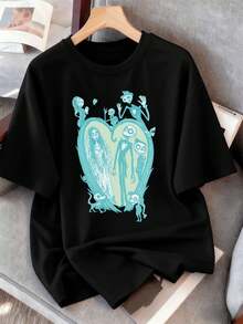 Camiseta de manga corta de Pesadilla antes de Navidad, cuello redondo, corte holgado, estilo urbano hip-hop, ajuste relajado, estampado llamativo - Negro - Ver 2