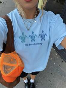 1 件女孩休闲海龟图案印花圆领短袖 T 恤，夏季学生年轻儿童时尚 - 富有想象力和自我表达的海龟艺术品设计