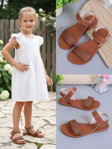 1 Pair Brown Toddler/Kids Boys/Girls Flat Sandals, Brown PU Patchwork Decor, Hook And Loop Design, Round Toe, Fashionable & Cute, Suitable For 3-15 Years Old Girls, Casual, School, Daily, Party, Spring/Summer - Brown - View 1