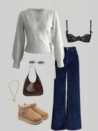 2025 Autumn/Winter Wrap Tie Knit Sweater, White, Women's Essential For Home, Commute, Date, Travel, Suitable For Various Occasions, Light Gray