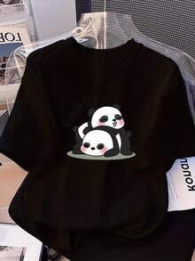 1pc, Cute PANDA Graphic Design Cotton T-Shirt- Casual, Loose Fit, Breathable, Machine Washable, Black With White Text, PLUS SIZE, Soft, Skin-Friendly, Comfortable, Unisex Clothing, Perfect Gift, All-Season Wear - 黑色 - 查看 1