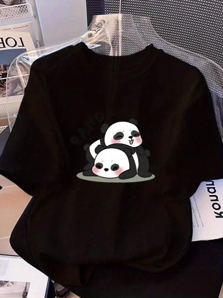 1pc, Cute PANDA Graphic Design Cotton T-Shirt- Casual, Loose Fit, Breathable, Machine Washable, Black With White Text, PLUS SIZE, Soft, Skin-Friendly, Comfortable, Unisex Clothing, Perfect Gift, All-Season Wear - 黑色 - 查看 1
