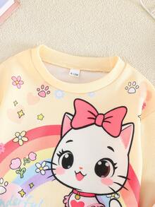 2pcs/Set Girls Cute Cat & Rainbow Print Top And Floral Pattern Casual Pants, Daily Wear