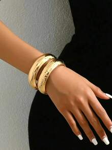 1 Set Minimalist Chic European Style Metallic Smooth & Hammered Texture Zinc Alloy Bangle Bracelet, Suitable For Women's Daily Wear - Yellow Gold - View 12