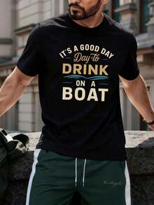 Boat Drink Graphic Tee Made Of Premium Cotton, Comfortable Fit, Casual, Breathable - 黑色 - 查看 1