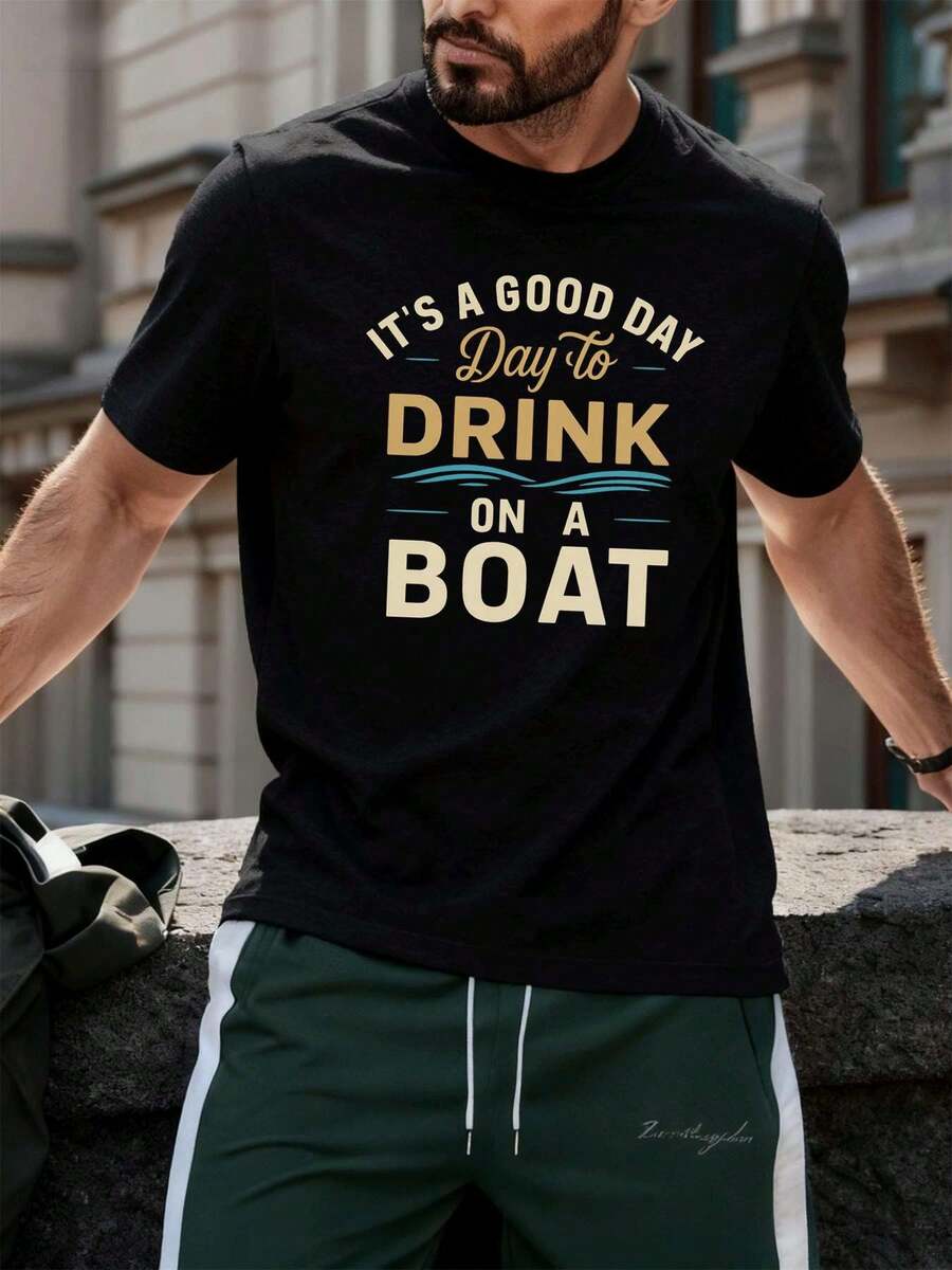Boat Drink Graphic Tee Made Of Premium Cotton, Comfortable Fit, Casual, Breathable - 黑色 - 查看 1