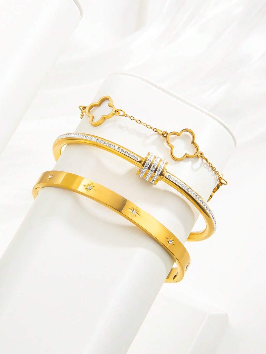 3 Peças Conjunto de Pulseiras Elegantes e Luxuosas em Aço Inoxidável, Combinação Clássica Combinante, Adequado para Empilhamento Diário, Presente para Namorada