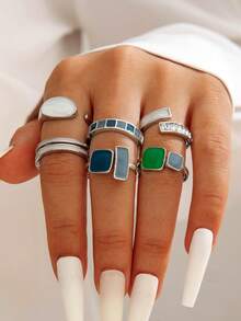 6pcs/Set Vintage French Geometric Square Crystal Luxury Minimalist Adjustable Stackable Rings For Women, Suitable As Gift For Dates, Gatherings With Friends, Photo Shoots