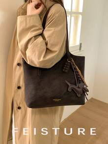 Large Capacity Daily Commute Shoulder Bag, Fashionable Tote Bag, Zipper Closure, With Pendant, Suitable For Daily Outing, Dating, Commuting - Coffee - View 7