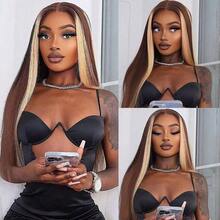 13x4 Lace Front Wig For Women Black Glueless Wig Synthetic Lace Wig Pre Plucked HD Lace Straight Wig Ready To Wear Long Straight Brown And Blonde Wig 28inch - Sọc Skunk vàng - Xem 3