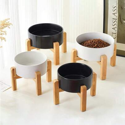 Ceramic Raised Cat Dog Bowl Dog Food Water Bowl With Elevated Non-Slip Bamboo Stand Dishwasher Microwave Anti Vomiting Heavy Duty Pet Bowl For Cat Small And Dogs Puppy