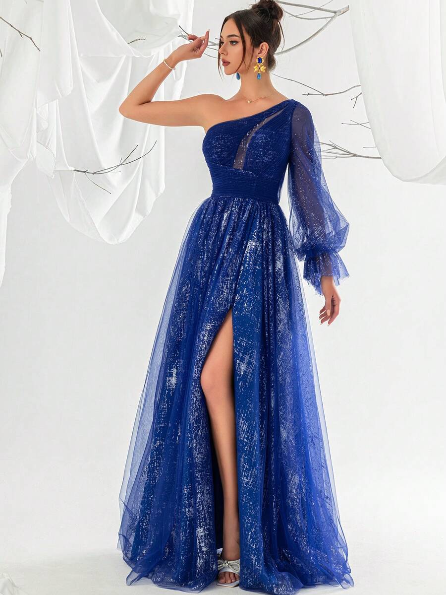 VIPGIRL Vestido de noche de una sola manga con linterna de malla azul marino para mujeres - azul real - Ver 1