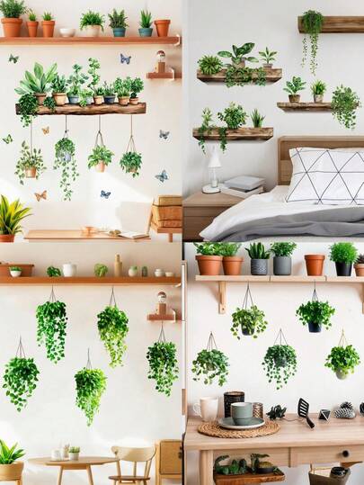 绿色植物墙贴 - 逼真树叶吊篮植物贴纸 - 3D盆栽绿色植物架墙贴 - 客厅厨房家居装饰即撕即贴装饰墙贴
