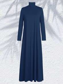 立領長袖休閒寬鬆純色連衣裙 - 藏蓝色 - 查看 3