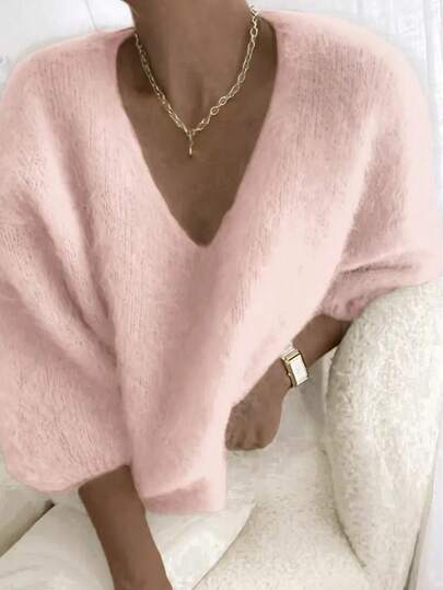 Women's Casual Solid Color Faux Cashmere 3/4 Sleeve Sweater, Solid Color Fine Velvet Homewear, Suitable For Christmas, Valentine's Day, Spring/Autumn, Autumn/Winter