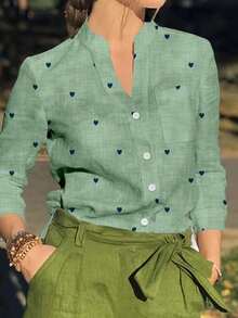 女士浪漫爱心印花长袖纽扣衬衫，带口袋，适合秋、冬、春季穿着 - 綠色 - 查看 2