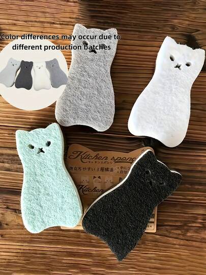 4pcs Cute Cat-Shaped Kitchen Sponges - Multi-Purpose, Heavy-Duty Cleaning Brushes In Light Gray, Mint Green, Black, And Pink - Three-Layer Design For Dishwashing And Stain Removal - Essential Kitchen Tool And Sink Accessory