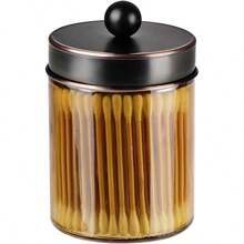 Amolliar - Tarro de boticario de vidrio de bronce con tapa de metal y calcomanías recipiente de almacenamiento para dispensador de baño perfecto para bolas de algodón hisopos de algodón - Orbe - Ver 1