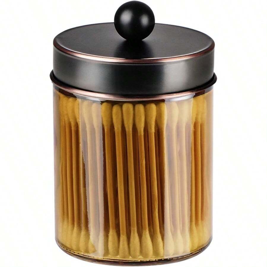Amolliar - Tarro de boticario de vidrio de bronce con tapa de metal y calcomanías recipiente de almacenamiento para dispensador de baño perfecto para bolas de algodón hisopos de algodón - Orbe - Ver 1