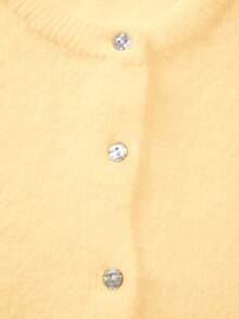 FOR BEAUTY 女士圆领小贝壳纽扣长袖针织开衫，短款，宽松版型，舒适，纯色毛衣外套，新年款 - 淺黃色 - 查看 7