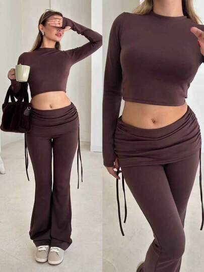 女士秋季时尚休闲运动套装 圆领长袖上衣 高腰抽绳褶皱喇叭裤 两件套