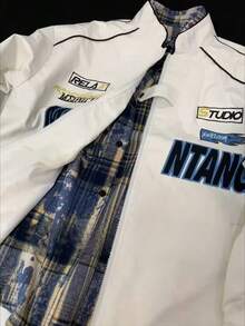 American PU Leather Jacket Racing Jacket Niche Hiphop Embroidery Small Stand-Up Collar Workwear Motorcycle Suit Flight Suit - White - View 3