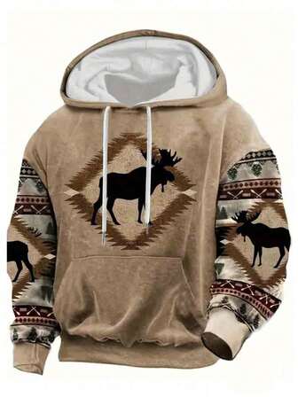 Deer Pattern Design Men's Hoodie With Kangaroo Pocket, Casual Fashion Men's Pullover Hoodie For Spring And Autumn