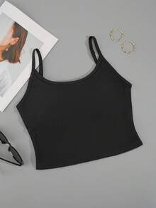 New BASICS Fashion Women With Built-In Padding Adjustable Spaghetti Strap Padded Tank Top Camisole Bra Cami Clothing Crop Bralette - Black - View 2