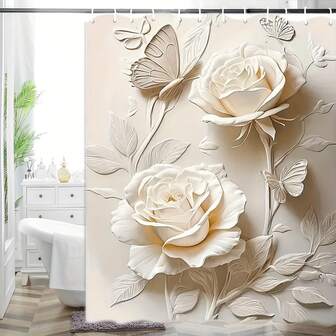 1pc Watercolor Vintage Floral Shower Curtain, Blush Pink Peach Rose Blossom, Polyester Fabric Valentines Day Bathroom Decor With 12 Hooks