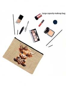 1pc Highland Cow Pattern Makeup Bag, Yellow Linen Cosmetic Bag, Simple Large Capacity Toiletry Bag, Wallet, Casual Organizer Bag, Travel Storage Bag, Stylish Coin Purses, Multi Functional Shopping Bag, Portable Clutches, 4 Styles Are Available, For Daily, Vacation, Beach, Travel, Commuting, Camping, Christmas, Thanksgiving, Valentine'S Day, New Year'S Gift - Multicolor - View 3