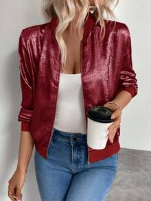 Keke Bloomly Damska lekka, zapinana na zamek, luźna kurtka typu bomber z długim rękawem, lśniący metaliczny kolor bordowy, modna, uniwersalna kurtka dojazdowa i wakacyjna - Burgund - Zobacz 2