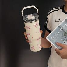 1pc 900ml/33.44oz Heart & Bow Vacuum Insulated Tumbler, Large Capacity Water Bottle With Handle And Straw, Suitable For Drinking Water, Milk, Oatmeal, Tea, Juice, Breakfast, Coffee, Beverages, Etc., Applicable For Cafes, Homes, Restaurants, Parties, Balls, Offices, Father's Day Gift, Mother's Day Gift, Gift For Friends, Gift For Boyfriend And Girlfriend, Gift For Family, Gift For Teachers, Gift For Colleagues. - Multicolor - View 3