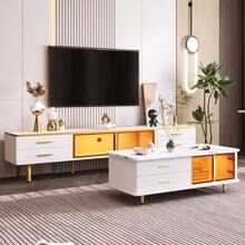 Coffee Table, TV Stand, Modular Living Room Furniture, Tempered Glass Door, Aluminum Alloy Frame, Wavy Structure Drawers, Gold Handles And Feet, Marble Top. - White - View 5