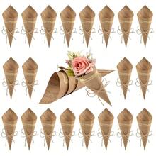 Kraft Paper Cones, 50 Pcs Wedding Confetti Cones Bouquet Petals Candy Bags Boxes Flower Holder With Hemp Ropes Label Stickers Tape, 15*15cm,Brown - 棕色 - 查看 1