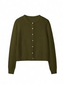 FOR BEAUTY Women's Round Neck Small Shell Button Long Sleeve Knitted Cardigan, Casual Warm And Comfortable Solid Military Green Sweater Jacket, New Year Top - Army Green - View 5