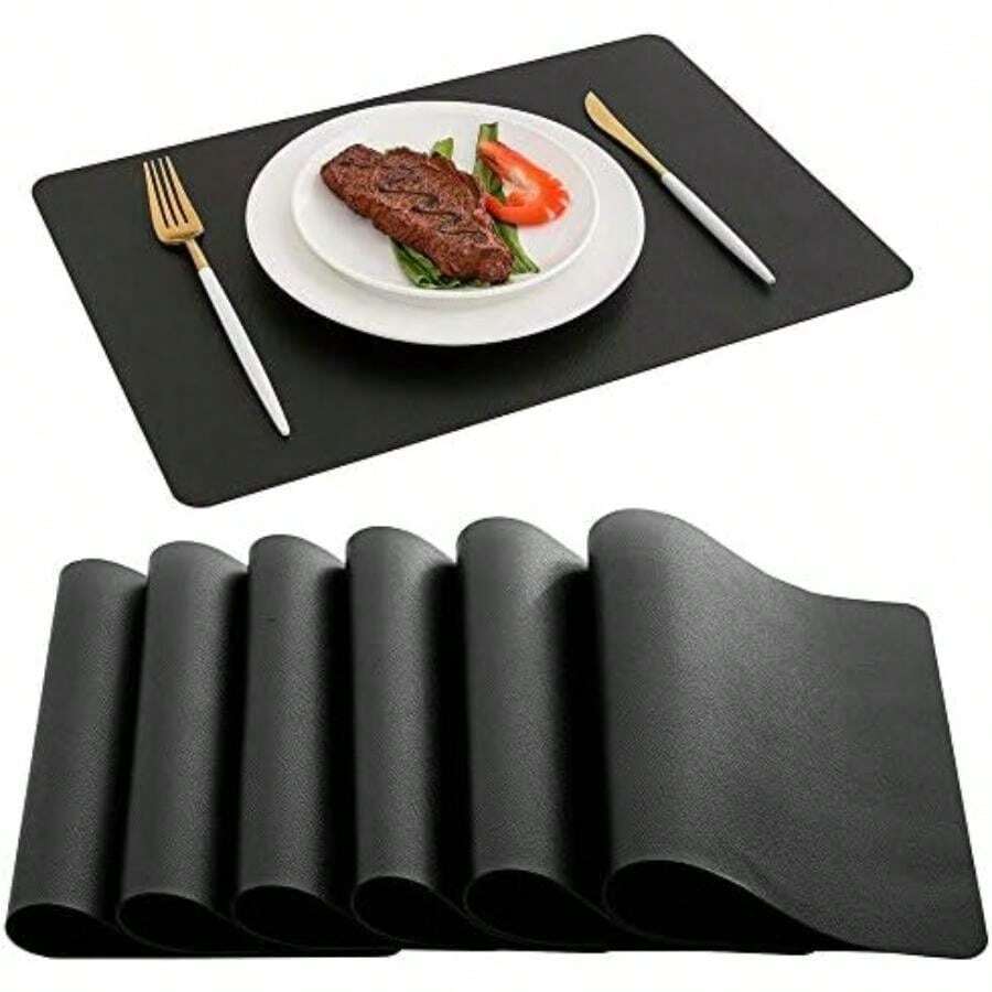 DOLOPL - Juego de 6 manteles Individuales, de Piel sintética Lavable en Color Negro, Resistente Calor para decoración de Halloween, decoración de Mesa de Cocina, Comedor, manteles Impermeables(Negro -) - Multicolor - Ver 1