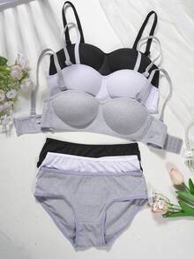 6pcs/Set Teen Girls Underwear Set - Wireless Lightly Lined Bras And Panties - Ribbed Stitching, Detachable Straps For Strapless Comfort. Simple Bra Set, Suitable For Young Girls. 3 Sets - Multicolor - View 1