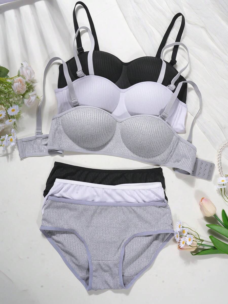6pcs/Set Teen Girls Underwear Set - Wireless Lightly Lined Bras And Panties - Ribbed Stitching, Detachable Straps For Strapless Comfort. Simple Bra Set, Suitable For Young Girls. 3 Sets - Multicolor - View 1