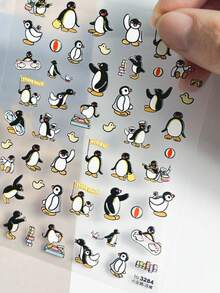 1片浮雕可爱小企鹅卡通动物5D美甲贴纸，纹理北极角色美甲贴花，女士趣味设计美甲贴纸，适用于长短指甲，自粘装饰