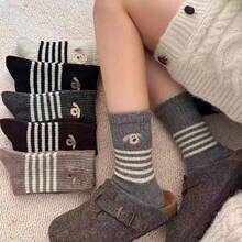 5 Pairs Autumn/Winter Warm Striped Wool Socks For Women, Retro College Style Mid-Calf Socks, Random Assortment - Multicolor - View 5
