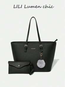 Esta bolsa tote de cor sólida, feita de PU, possui grande capacidade interna. A decoração com letras apresenta fechamento em zíper, alça dupla e alça de ombro ajustável. Inclui pingentes decorativos e uma pequena bolsa interna com amplo espaço para guardar garrafa de água, chaves, batom e outros itens essenciais do dia a dia. Ideal para mulheres, estudantes universitárias, para ir ao trabalho, fazer compras e para uso diário. - Preto - Ver 8