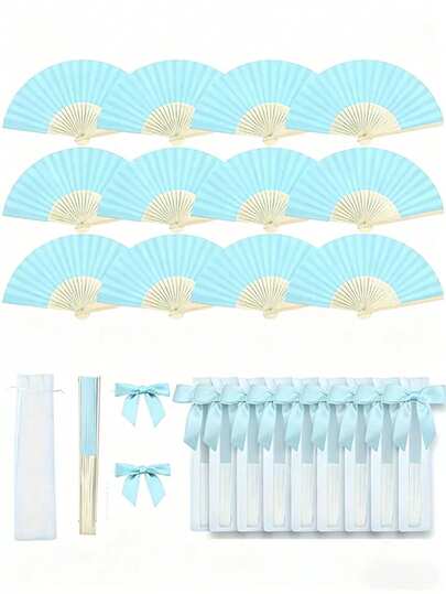 Juego de 3/15/30 piezas, Juego de abanicos de boda de la serie verde de verano, Abanico plegable para damas, Serie verde con lazo, Bolsa con cordón transparente, Decoración para fiesta de boda. Adecuado como regalo para la novia, favor de fiesta de cumpleaños, accesorio para fotos de damas de honor, abanico de verano, suministros para eventos y fiestas, bolsa de regalo de fiesta de varios paquetes.