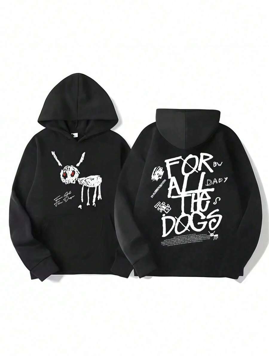 Men And Women Fashion Hip-Hop Pullover Sweatshirt Vintage Street Hoodie Rapper Drake All Dog Graphic Hoodies New Album. - 黑色 - 查看 1