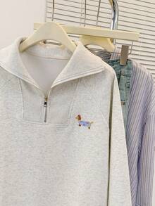 YUXIN Women's Exclusive! Grey Turndown Collar Half-Zip Sweatshirt, Casual Style, Cute Dog Pattern, Playful Yet Practical, Versatile For Autumn/Winter - Grey - View 9