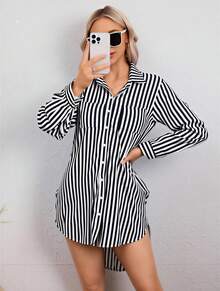 Vestido Elegante Camisa a Rayas Para Mujer,Vestidos Corta Con Corte Bajo Asimétrico,Vestido Manga Larga,Vestido Con Botones Delanteros - Negro - Ver 1