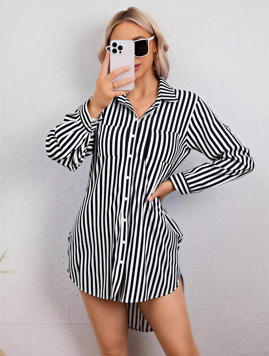 Vestido Elegante Camisa a Rayas Para Mujer,Vestidos Corta Con Corte Bajo Asimétrico,Vestido Manga Larga,Vestido Con Botones Delanteros - Negro - Ver 1